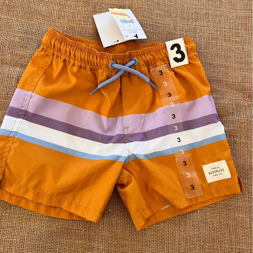 Boys NWT Orange and Purple Swim Trunks with Sporty Stripes summer beach colorful